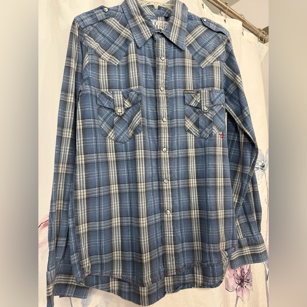 Southern Thread Blue and White Casual Plaid Button Down western Shirt